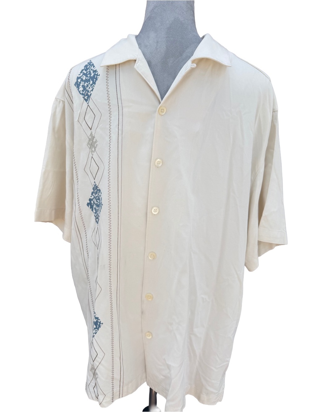 Pronto Uomo Mens Large 100% Silk Camp Shirt Cream Blue Embroidered Diamond Panel